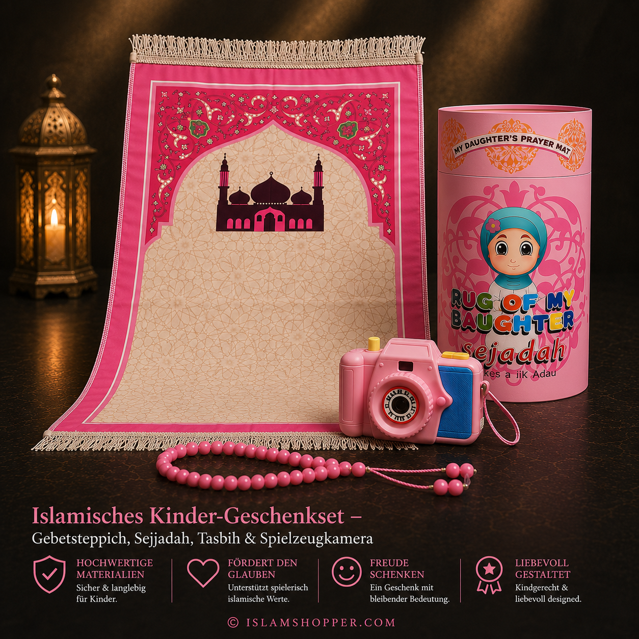 Islamisches Kinder-Geschenkset – Gebetsteppich, Sejjadah, Tasbih & Spielzeugkamera