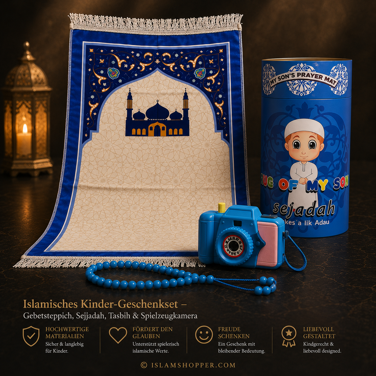 Islamisches Kinder-Geschenkset – Gebetsteppich, Sejjadah, Tasbih & Spielzeugkamera