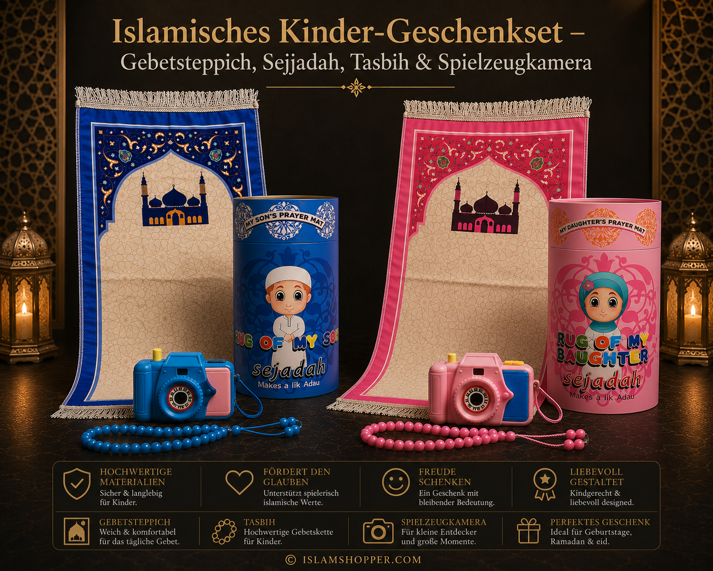 Islamisches Kinder-Geschenkset – Gebetsteppich, Sejjadah, Tasbih & Spielzeugkamera